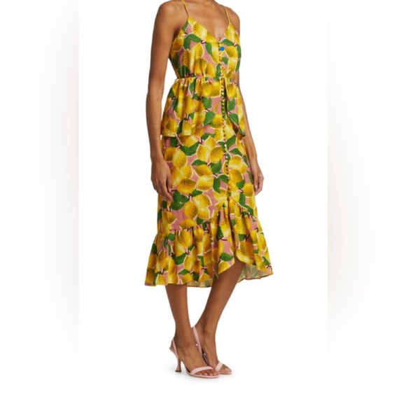 Farm Rio / anthropologie Fresh Lemons Ruffled Midi Dress Small - Picture 3 of 15